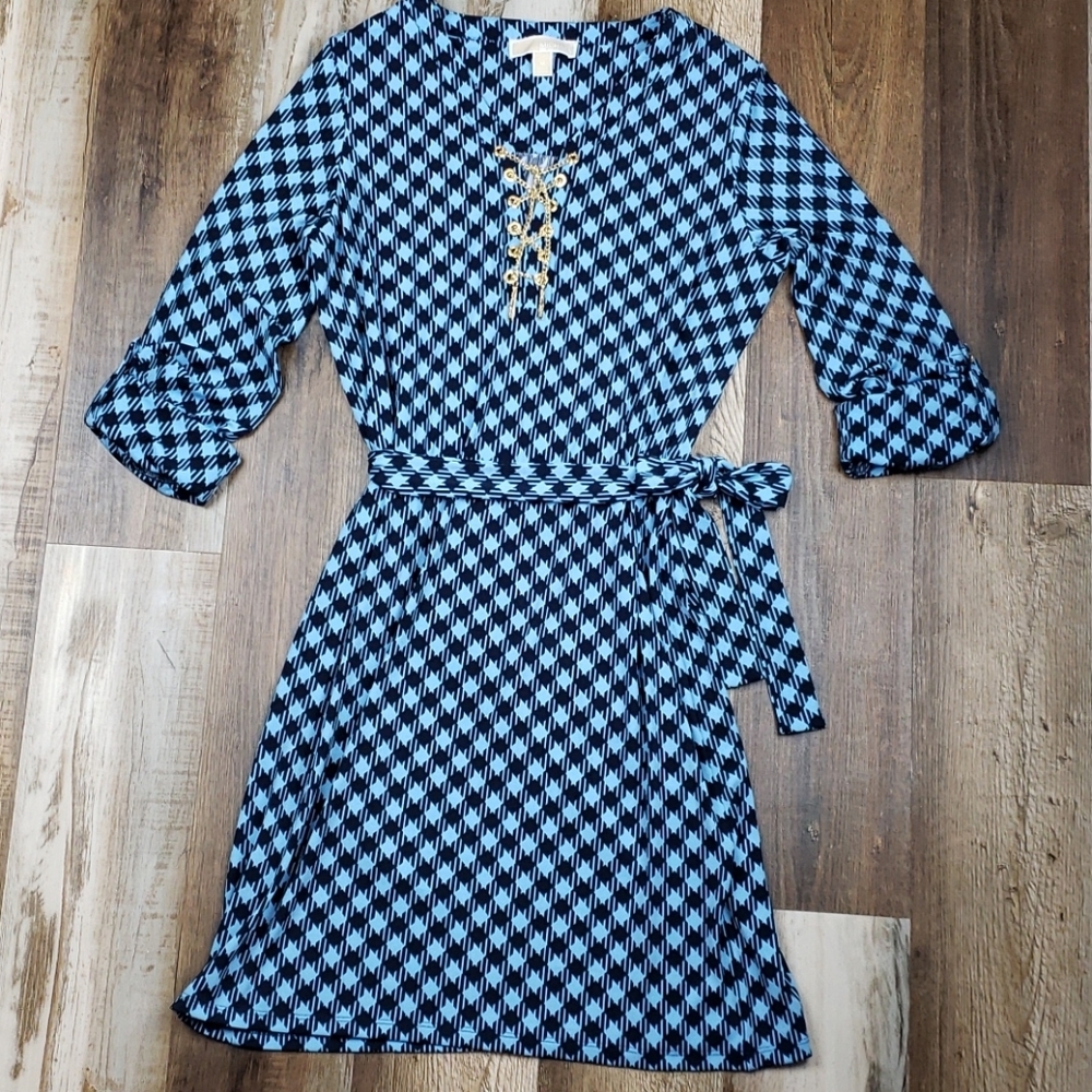 Michael Kors Blue Houndstooth Belted Dress Sz M